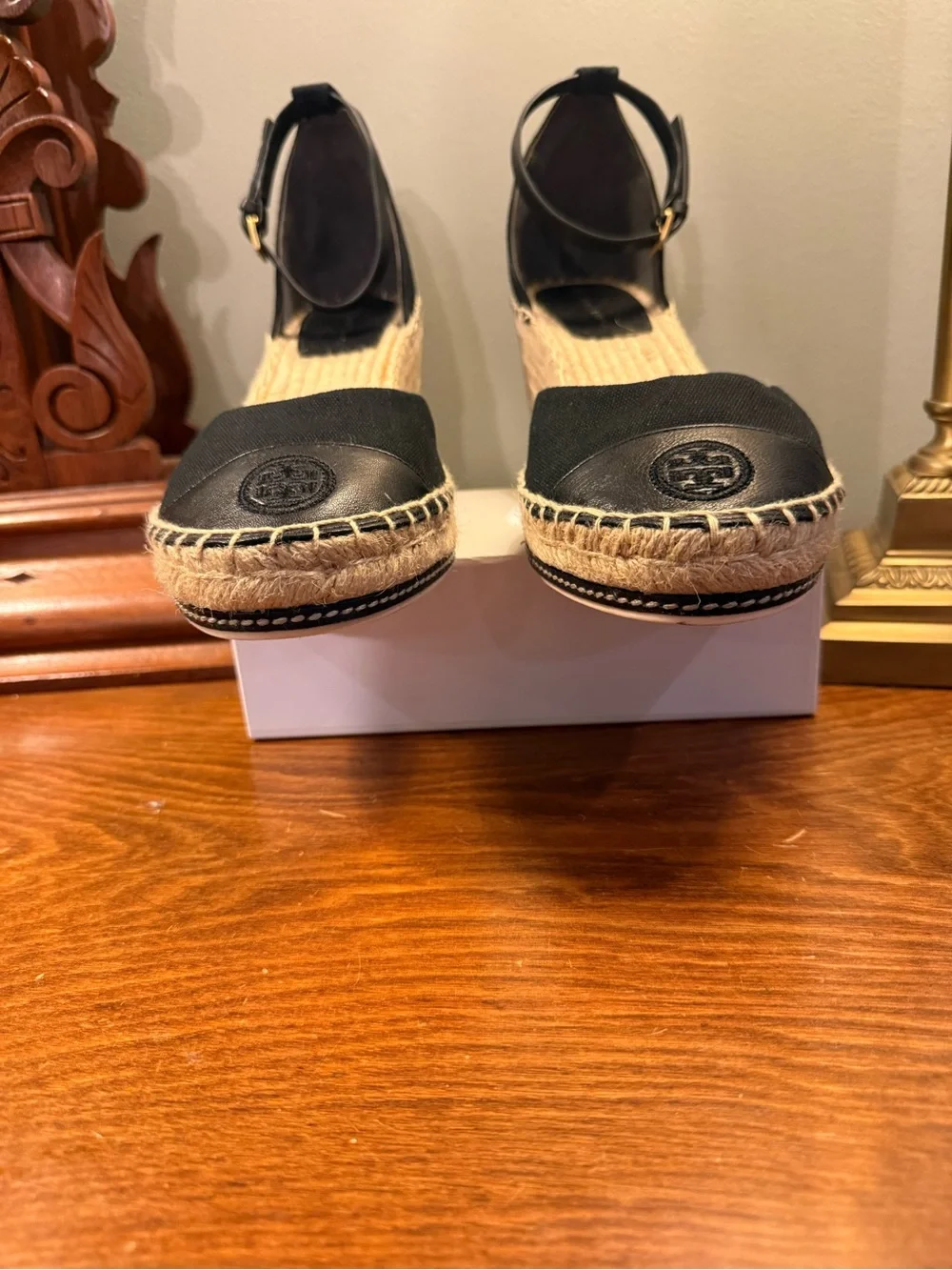 Tory Burch Black Canvas/Leather Espadrille Ankle-Strap Wedge Sandals Size 10.5